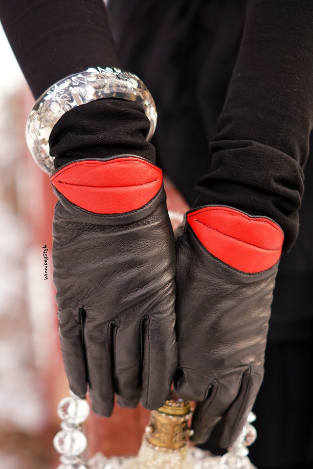 Winnipeg Style Fashion stylist, canadian blogger, Aldo leather red lip winter gloves, Swarovski clear resin bangle bracelet iconic swans, Modern vintage style, winter 2018 2019